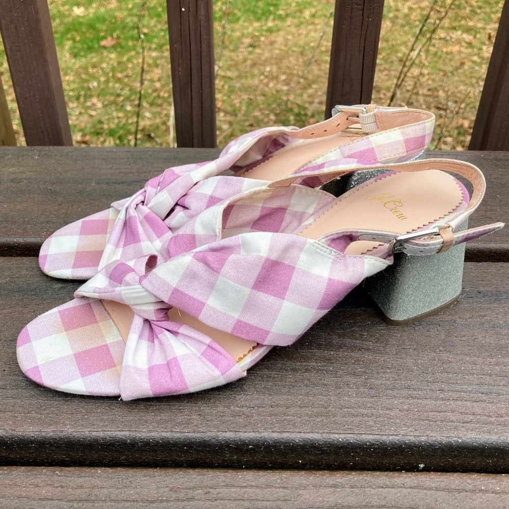 J. Crew JCrew Twisted Knot Penny Sandals Gingham Purple Silver Glitter Heel 8.5 - Picture 5 of 11
